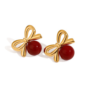 Stud <b>Earrings</b> Bowknot <b>Red</b> Glass Gold Plated Stainless Steel Fashion Jewelry - Product Image 1