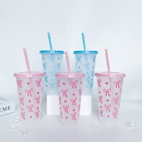Gobelet à paille rose à nœud, design moderne et écologique, grande capacité 710 ml, en PP transparent, vente en gros – Nouveauté très prisée