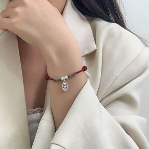 S925 Sterling Silver Peace Charm <b>Red</b> Rope Woven Bracelet Women's Everyday Wear - Product Image 4