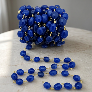 Blue Sapphire Quartz Plain Smooth Oval Dyed Beaded Wire Wrapped <b>Rosary</b> Chain Jewelry Making Gemstone chain sold per foot - Product Image 1