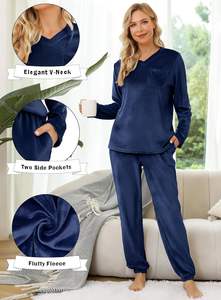 Ensemble de pyjama en polaire pour femme Lovasy, taille élastique, uni, thermique, chaud, poches moelleuses, manches longues, col en V, 2 pièces, longueur cheville - Product Image 2