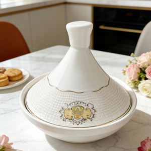 Tajine en céramique blanche de luxe avec bord doré, style marocain, mini pot en porcelaine pour la cuisson et le service - Product Image 4