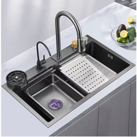 Ensemble complet d'évier de cuisine cascade en acier inoxydable 304, grand bac unique avec égouttoir intégré, finition gris brossé, design moderne, garantie 5 ans
