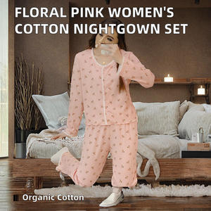 Pijamas de Invierno para Mujer al por Mayor de Fábrica, Cintura Elástica, Estampadas, 100% Algodón Orgánico, Transpirables, Conjunto de Camisón Largo de Punto - Product Image 2