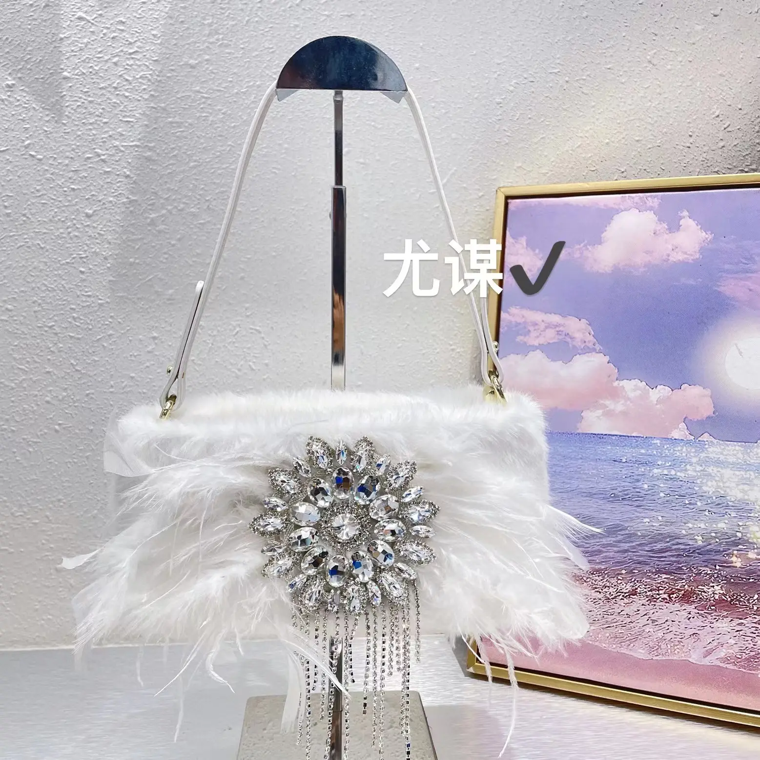 Luxury 2023 Women's Purse glitter flower Handbag Party clutch ostrich feather Small square bag Dinner Evening Bags