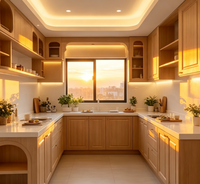 Ensemble d'armoires de cuisine en bois naturel moderne avec étagères ouvertes incurvées et éclairage LED pour la rénovation de la cuisine à domicile