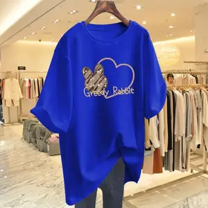 Wholesale custom micro label cartoon 100% cotton short sleeve T-shirt women's summer love print loose round neck women's top