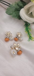 traditional floral pendant and <b>earring</b> set crafted with a combination of sparkling stones and vibrant orange accent jewelry set - Product Image 2