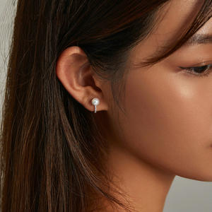 Boucles d'oreilles en or blanc plaqué E3046 avec perles et diamants naturels taille brillant rond, bijoux de style classique pour femmes, pour mariage - Product Image 6