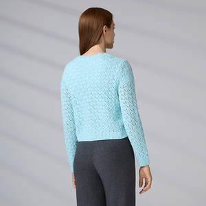 Pull personnalisé avec logo, tricot ajouré bleu clair d'hiver, col rond, boutonné, pull court en tricot pour femmes, cardigan - Product Image 6