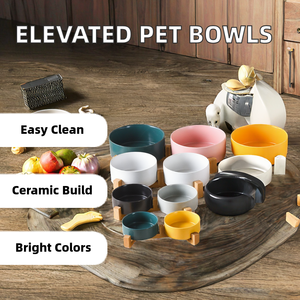 ชามอาหารแมวเซรามิกแบบยกสูงพร้อมขาตั้งไม้ไผ่ธรรมชาติ ชุดให้อาหารคู่ สำหรับแมวในบ้าน สัตว์เลี้ยงขนาดเล็ก ขายส่ง - Product Image 2