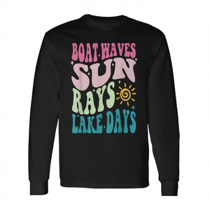 T-shirt à manches longues unisexe à col rond avec impression numérique, motif amusant d'été, bateaux, vagues, rayons de soleil, jours au lac - Product Image 2