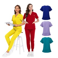 Ensemble de tenues médicales douces à col en V pour infirmières, couleur turquoise, anti-fluide, vente en gros, sous marque privée