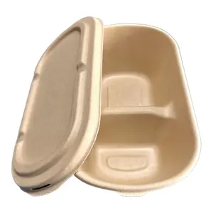 2 compartments compostable disposable food container with optional lid made from wheat straw pulp
