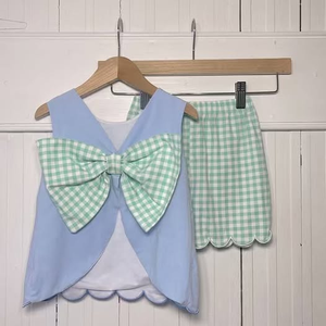 GSSO3439 CUSTOM Ensemble de vêtements pour petite fille active, imprimé à rayures bleues et à carreaux verts, vente en gros, ensemble à manches courtes pour enfant - Product Image 4