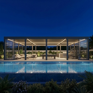 Pérgola Bioclimática Personalizada <span class=keywords><strong>con</strong></span> Puertas Corredizas de <span class=keywords><strong>Vidrio</strong></span>, Kit de Gazebo Motorizado de Aluminio para Patio Trasero y Piscina en Invierno - Product Image 1