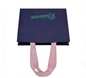 Custom OEM Free Design Handmade Pink Ribbon Handle Coated Dark Blue Kraft Packaging Paper <b>Bag</b> <b>for</b> Gift Packaging - Product Image 4