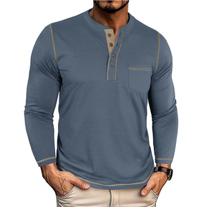 Camiseta de Manga Larga con Cuello Redondo Estilo Europeo Americano para Hombre, Otoño/Invierno, Vintage, con Bolsillo Henry, Mezcla de Algodón Transpirable - Product Image 4