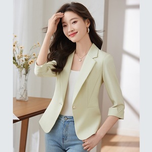 Women's Light Green Blazer Slim Fit Three Quarter Sleeve Anti Wrinkle Solid Color Polyester Spring Casual Suit Jacket - Product Image 1
