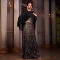 Dropshipping Femme Vêtement Haut de Gamme Noir et Or Paillettes Manches Longues Cape Maxi Longue Robe de Soirée Luxe Paillettes Robes de Soirée