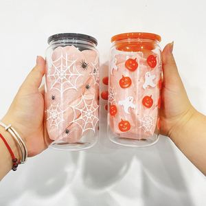 Vaso de Cerveza con Diseño de Calavera de Calabaza de 16 oz, Impresión UV 3D, con Tapa de Plástico y Pajita Transparente de PP - Product Image 4