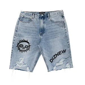 DiZNEW 2023 Summer Hot Selling Pattern Letter Printed Blue Jeans Shorts Tassel Printed Denim Jeans Short For Men