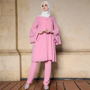 新到伊斯兰女装粉色手工缝制巴珠库隆马来西亚东南亚2件套穆斯林女性巴珠库隆