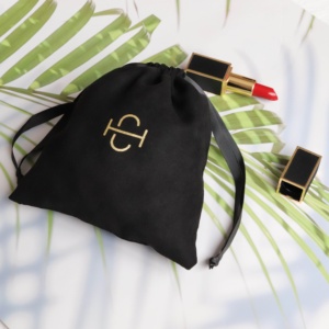 Luxury Small Black Microfiber Suede Drawstring Pouch with Gold Foil logo for Jewelry Gift Cosmetic Accessories Packing <b>Dust</b> <b>Bag</b> - Product Image 2