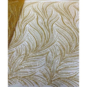 قماش تول مطرز بلون ذهبي 5 ياردات قماش دانتيل ترتر فاخر قماش شبكي لؤلؤ لفستان حفلات زفاف - Product Image 3