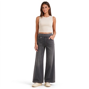 Pantalon de yoga ample en jean stretch <span class=keywords><strong>gris</strong></span> délavé taille haute pour <span class=keywords><strong>femme</strong></span>, coupe décontractée, avec poches, en stock - Product Image 1