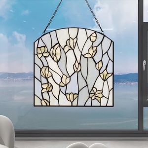 Panneau de fenêtre fleuri fait main de 12 pouces, style Tiffany, structure solide européenne, verre teinté laiteux, écologique, plaqué or plat, pour salle à manger - Product Image 3