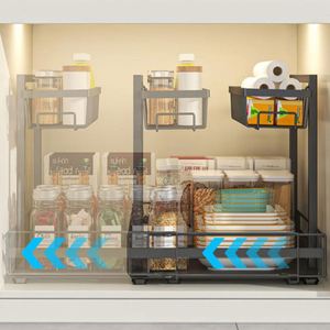 Expandable <b>Kitchen</b> Cupboard Sliding Cabinet <b>Basket</b> Shelf Organizer 2 Tier Spice Rack <b>Pull</b> <b>Out</b> Under Sink Organizer Storage Rack - Product Image 4