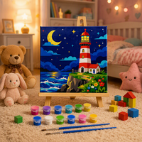 Kit de Peinture sur Toile pour Enfants DIY – Peinture par Numéros – Motif Phare Imprimé Numérique – Dessin Animé Moderne Encadré 20x20cm – Coffret Cadeau Coloré