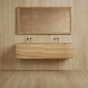 Lavabo da bagno monoblocco in marmo intero, design a incasso profondo con doppio lavabo, tonalità neutra chiaro, moderno, per concetti di bagno open space - Product Image 5