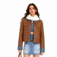 Veste en jean synthétique marron pour femme, style trucker, col patchwork, fermeture éclair, hip-hop, automne-hiver, vente en gros