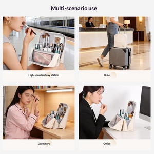 Large-capacity PU Zipper Stand-up <b>Makeup</b> Storage <b>Bag</b> <b>with</b> <b>Mirror</b> Portable Travel Multi-functional Partitioned Design - Product Image 4