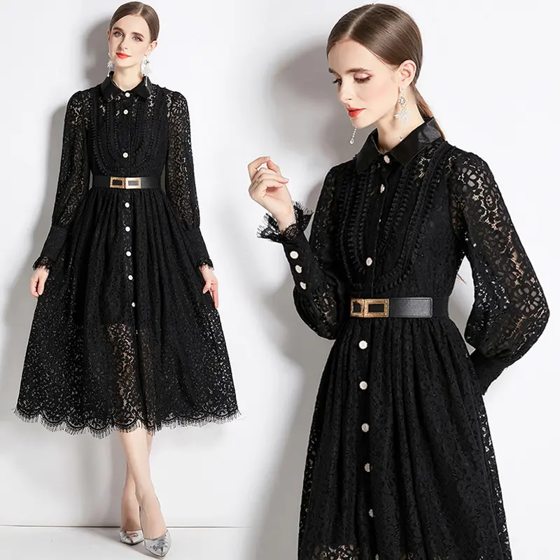 New Arrival Elegant Lady Long Sleeve Turn-down Collar Crochet Long Black Lace Dress with Belt