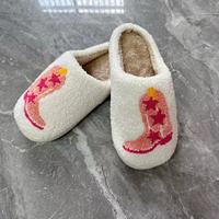 Chaussons de maison d'hiver confortables en peluche douce anti-dérapant brodé visage souriant bottes TPR semelle extérieure et semelle intérieure en tissu