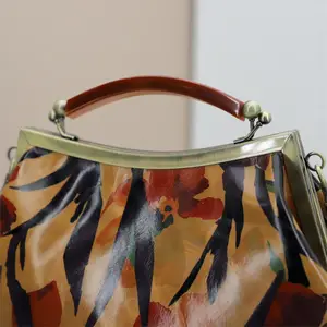 Designer Cowhide Flower Printing Handbags Metal Chain Purse Frame Top Handle Tote Bag
