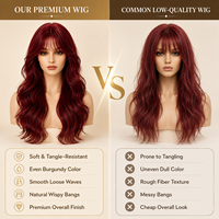 Perruque synthétique bordeaux longue ondulée effet mouillé avec frange pour femme, résistante à la chaleur, ligne de cheveux naturelle, sans colle, ajustable, OEM