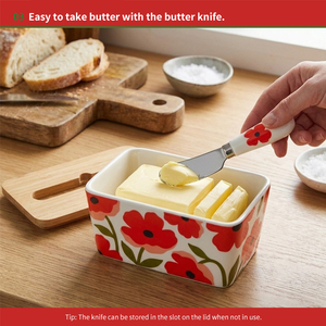 Pot à beurre en céramique style campagnard avec couvercle en bambou et couteau à beurre, grande boîte de rangement à motif floral rouge pour beurre, fromage, confiture - Product Image 4