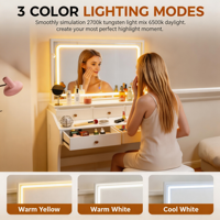 Ensemble de meubles de chambre à coucher blancs modernes avec miroir coulissant et grands tiroirs, table de maquillage éclairée par LED