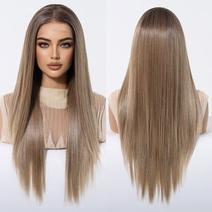 Parrucca anteriore in pizzo marrone Ombre13X6 parrucca futura in fibra sintetica lunga parrucca diritta a strati naturale mista vera foto - Product Image 1