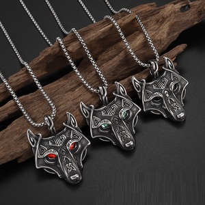 Punk Vintage Viking tête de <span class=keywords><strong>loup</strong></span> pendentif colliers avec pierre rouge yeux en acier inoxydable mode Hip Hop rue bijoux - Product Image 1