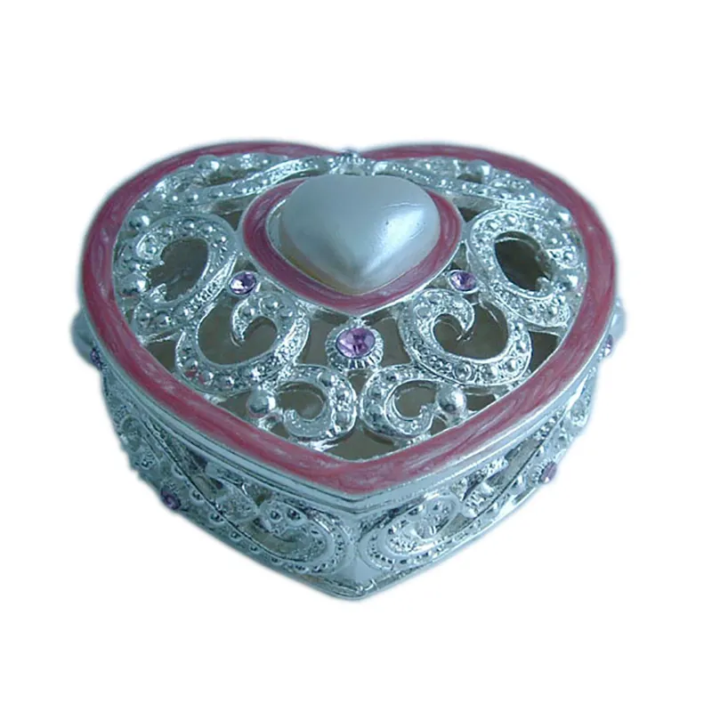 Heart Shape Silver Plated Pink Pearls Jeweled Metal Zinc Alloy Jewelry Box For Trinket Storage For Mother Girlfriend Gifts