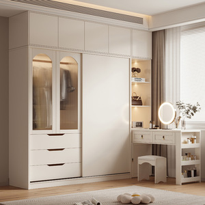 Cream Colored Solid Wood Wardrobe Modern Minimalist Style Storage Cabinet With <b>Desk</b> Integrated Bedroom Furniture - Product Image 1