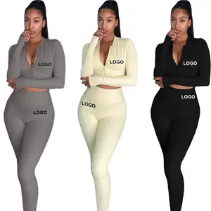 Logo personalizzato femminile solido di colore a maniche lunghe due pezzi pantaloni di usura zip superiore crop top a vita alta skinny sostenibile palestra vestito