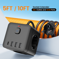 Enchufe de Extensión Europeo 7 en 1 con Puertos USB, 3 Tomas de Corriente Alterna, Enchufe Europeo para Cable de 3 Metros con Cubiertas de Seguridad