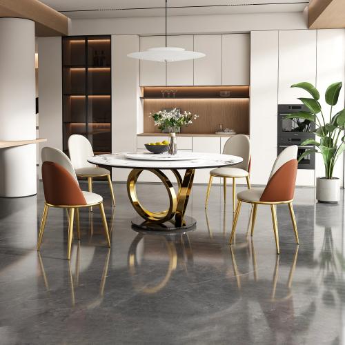 59" Round Dining Table with 360° Rotating Lazy Susan - Scratch/Heat-Resistant Sintered Stone Tabletop
