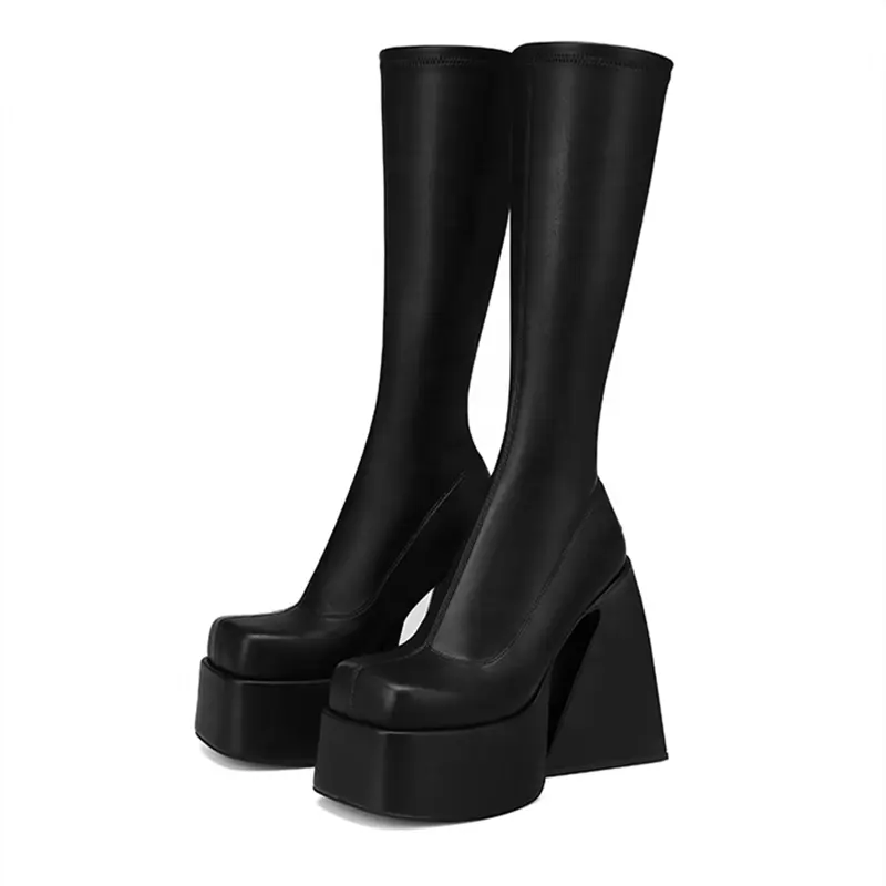 Black Square Toe Winter Boots Block Heel Shoes Platform Women Knee High Boots Big Size 43 Fashion Platform
